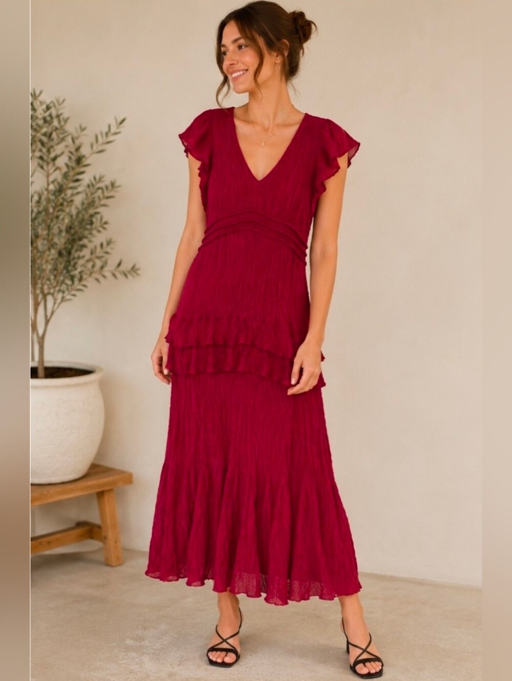 Taylor Burgundy V-Neck Textured Dress